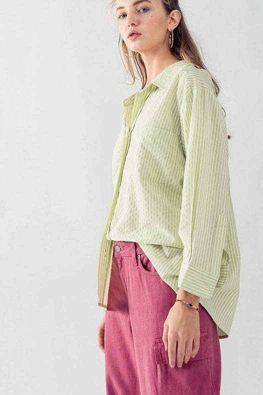 Loose Fit Stripe Button Down Shirt SAGE-Shirt-Urban Daizy-S/M-SAGE-Urbanheer