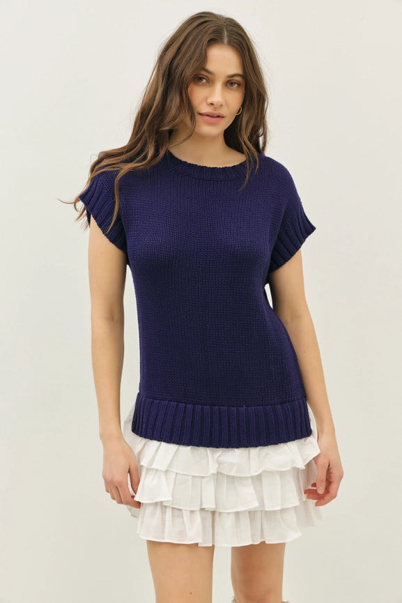 Loose Fit Sweater Mini Dress with Contrast Ruffles NAVY-Dress-idem ditto-S-NAVY-Urbanheer