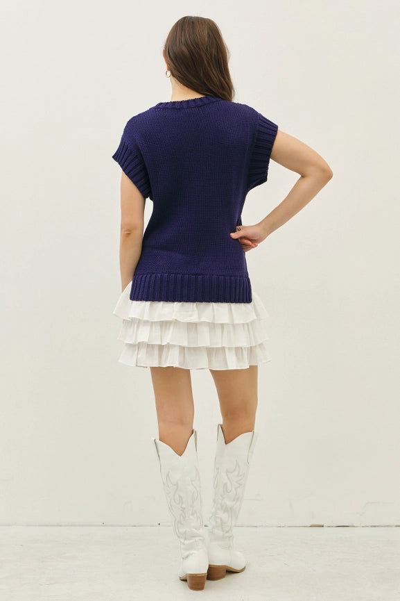 Loose Fit Sweater Mini Dress with Contrast Ruffles NAVY-Dress-idem ditto-S-NAVY-Urbanheer