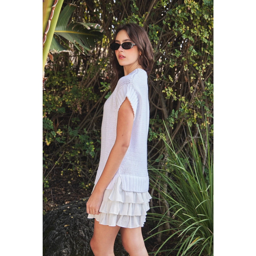 Loose Fit Sweater Mini Dress with Contrast Ruffles OFF WHITE-Dress-idem ditto-S-OFF WHITE-Urbanheer