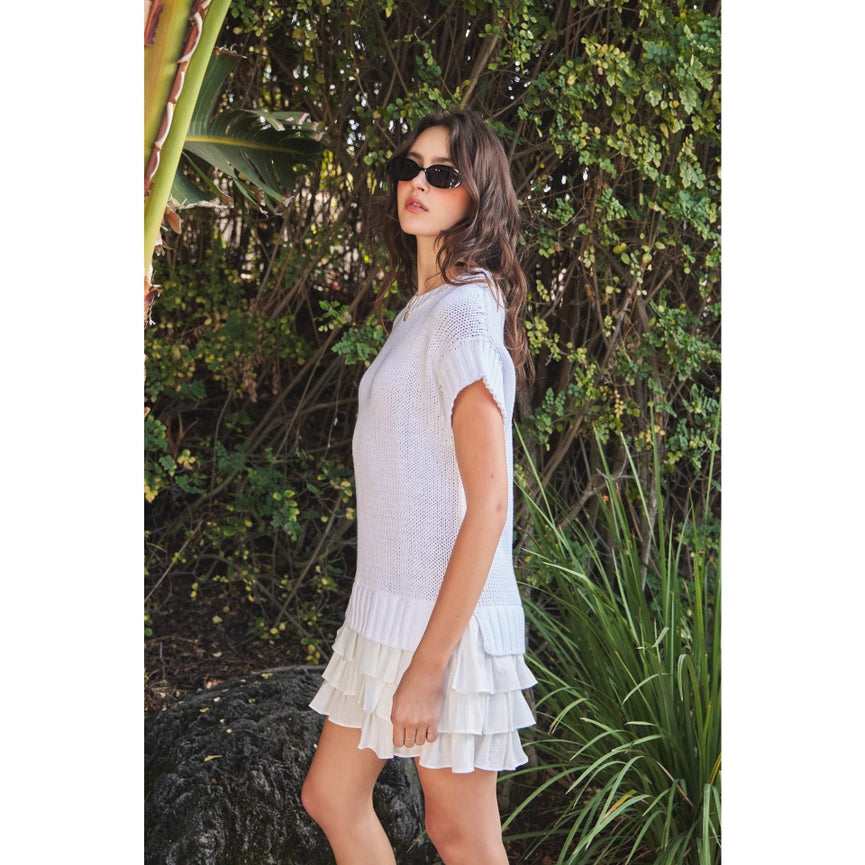 Loose Fit Sweater Mini Dress with Contrast Ruffles OFF WHITE-Dress-idem ditto-S-OFF WHITE-Urbanheer