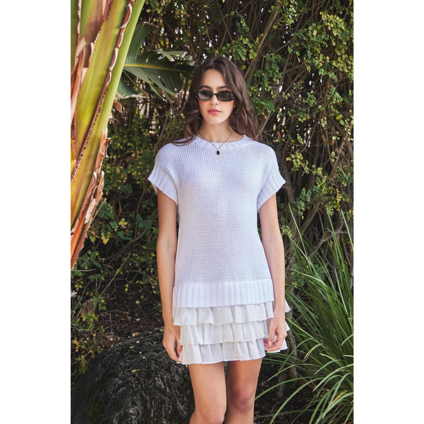 Loose Fit Sweater Mini Dress with Contrast Ruffles OFF WHITE-Dress-idem ditto-S-OFF WHITE-Urbanheer
