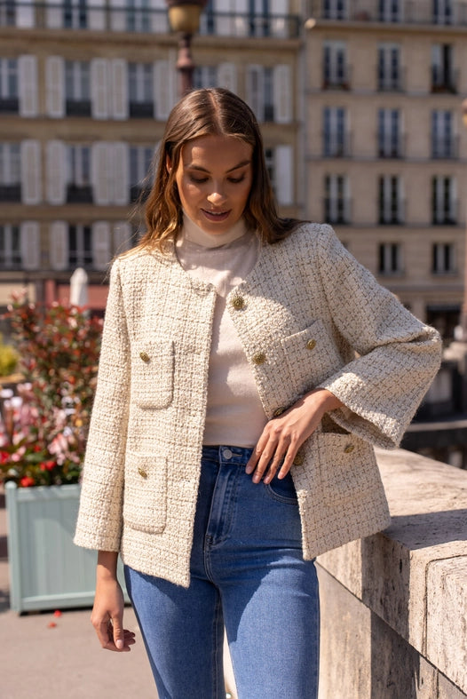 Loose Tweed Jacket with Straight Gold Buttons Off-white-Jacket-Attentif Paris-S-Off-white-Urbanheer