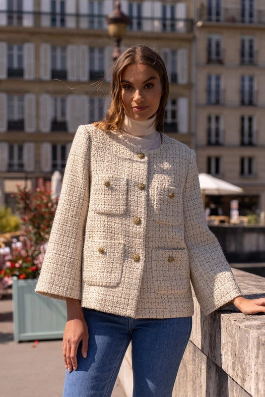 Loose Tweed Jacket with Straight Gold Buttons Off-white-Jacket-Attentif Paris-S-Off-white-Urbanheer