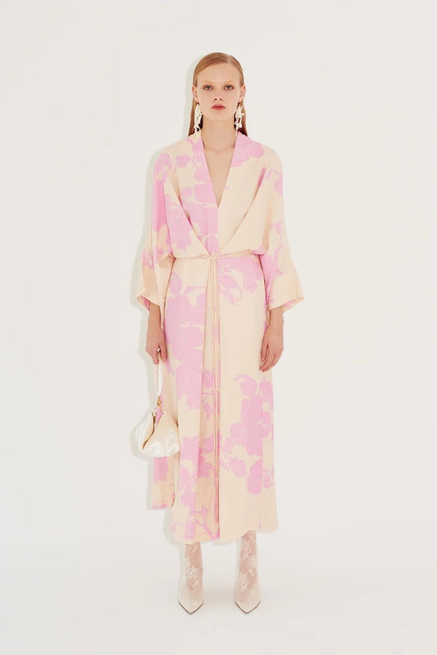Lotta Kimono Dress-Kimono Dress-eikō ai-One Size-Nude background and pink flowers-Urbanheer