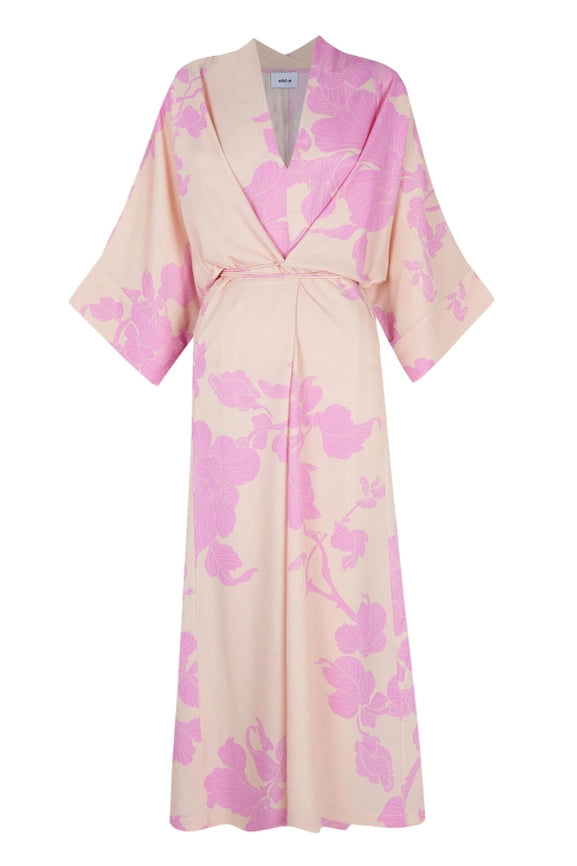 Lotta Kimono Dress-Kimono Dress-eikō ai-One Size-Nude background and pink flowers-Urbanheer
