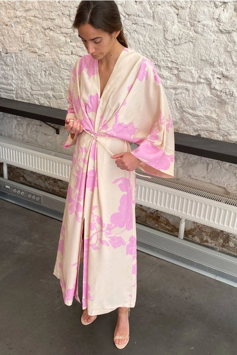 Lotta Kimono Dress-Kimono Dress-eikō ai-One Size-Nude background and pink flowers-Urbanheer
