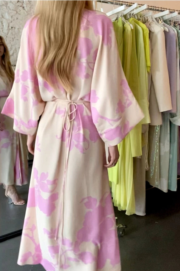 Lotta Kimono Dress-Kimono Dress-eikō ai-One Size-Nude background and pink flowers-Urbanheer