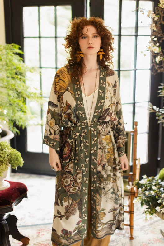 Love Grows Wild Floral Bamboo Kimono Duster Robe with Bees-Kimono-Market of Stars-length 118cm width 78 cm.-Urbanheer