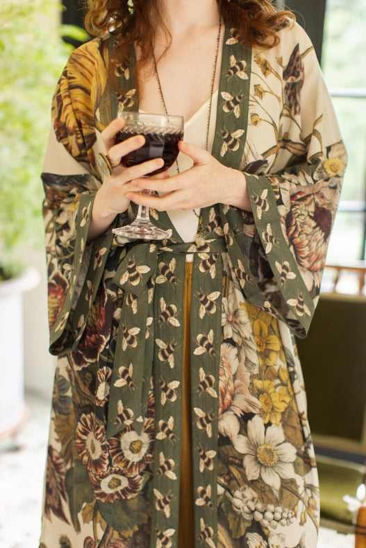 Love Grows Wild Floral Bamboo Kimono Duster Robe with Bees-Kimono-Market of Stars-length 118cm width 78 cm.-Urbanheer