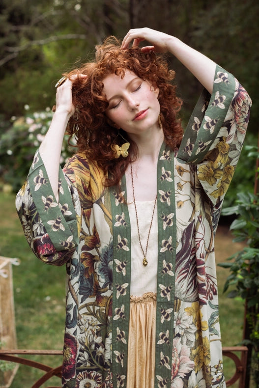 Love Grows Wild Floral Bamboo Kimono Duster Robe with Bees-Kimono-Market of Stars-length 118cm width 78 cm.-Urbanheer