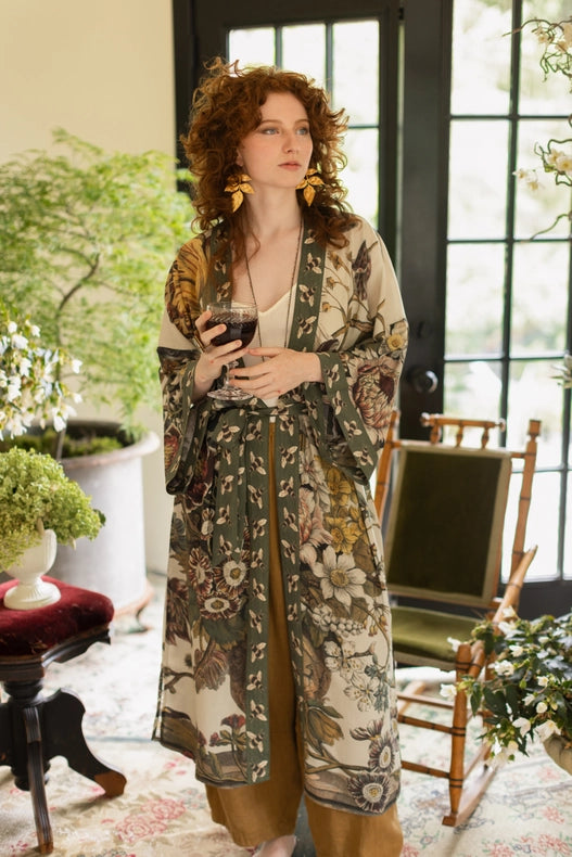 Love Grows Wild Floral Bamboo Kimono Duster Robe with Bees-Kimono-Market of Stars-length 118cm width 78 cm.-Urbanheer