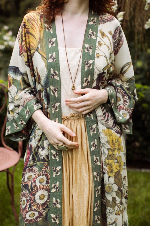 Love Grows Wild Floral Bamboo Kimono Duster Robe with Bees-Kimono-Market of Stars-length 118cm width 78 cm.-Urbanheer