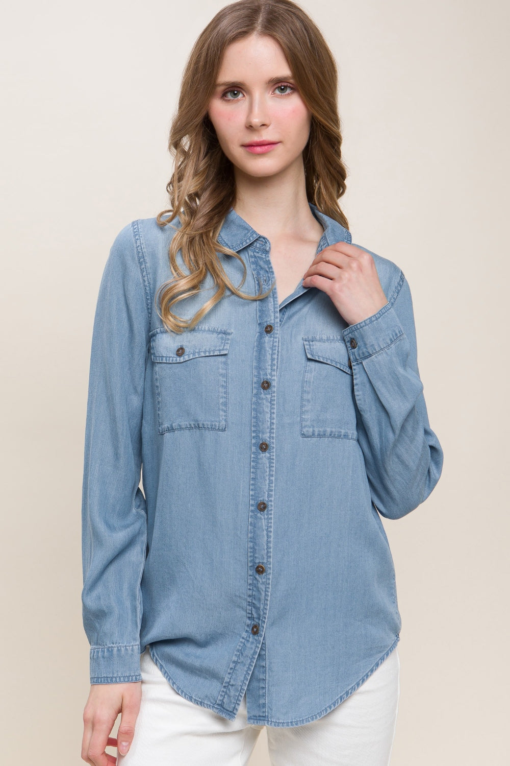 Love Tree Scooped Hem Button Up Denim Shirt-Street 360-Blue-S-Urbanheer