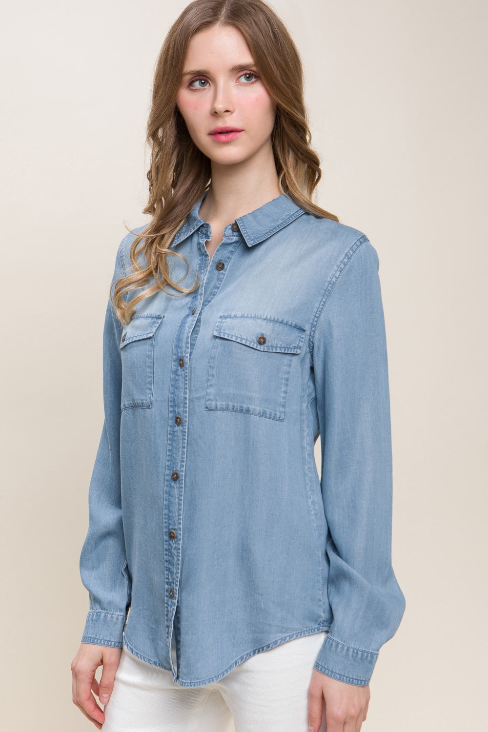 Love Tree Scooped Hem Button Up Denim Shirt-Street 360-Blue-S-Urbanheer