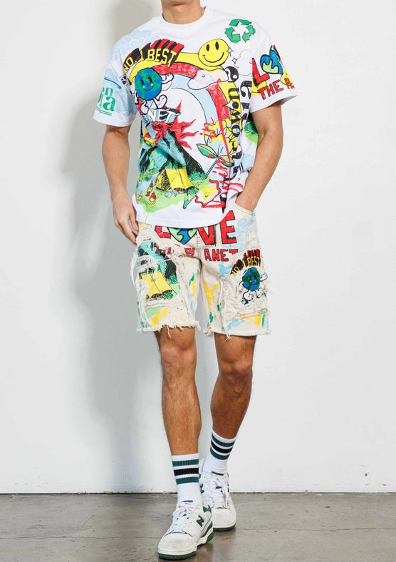 Love Your Planet Hand Drawing Graphic Shorts-Shorts-First Row-30-L.Khaki-Urbanheer