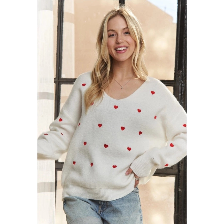 Lovely Heart Drop Shoulder Sweater Cutesy and Charming Style-Sweater-Blue Bunny Inc-S-OFF WHITE-Urbanheer