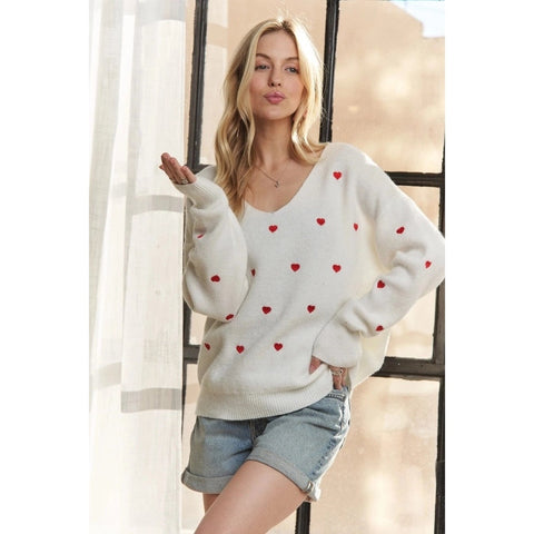 Lovely Heart Drop Shoulder Sweater Cutesy and Charming Style-Sweater-Blue Bunny Inc-S-OFF WHITE-Urbanheer