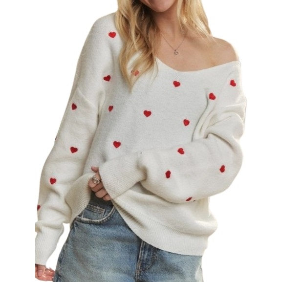 Lovely Heart Drop Shoulder Sweater Cutesy and Charming Style-Sweater-Blue Bunny Inc-S-OFF WHITE-Urbanheer