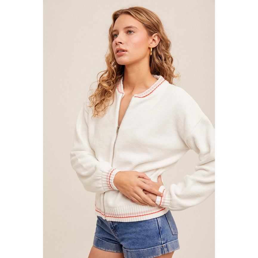 Lovely Varsity Sweater Zip Up Bomber Jacket-Jacket-Apolline-S-WHITE-Urbanheer