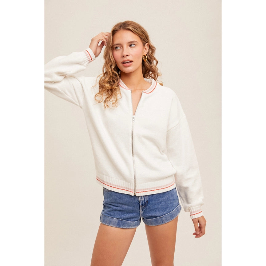 Lovely Varsity Sweater Zip Up Bomber Jacket-Jacket-Apolline-S-WHITE-Urbanheer