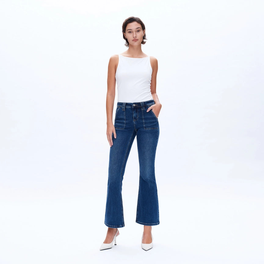 Low Rise Flare Jeans with Finished Hem DEEP SEA-Jeans-BAYEAS-26-DEEP SEA-Urbanheer