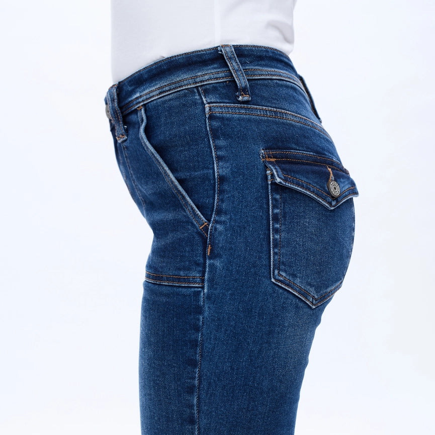 Low Rise Flare Jeans with Finished Hem DEEP SEA-Jeans-BAYEAS-26-DEEP SEA-Urbanheer