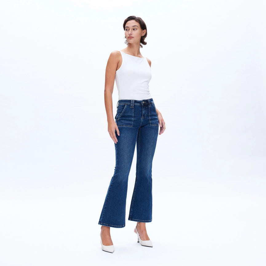Low Rise Flare Jeans with Finished Hem DEEP SEA-Jeans-BAYEAS-26-DEEP SEA-Urbanheer
