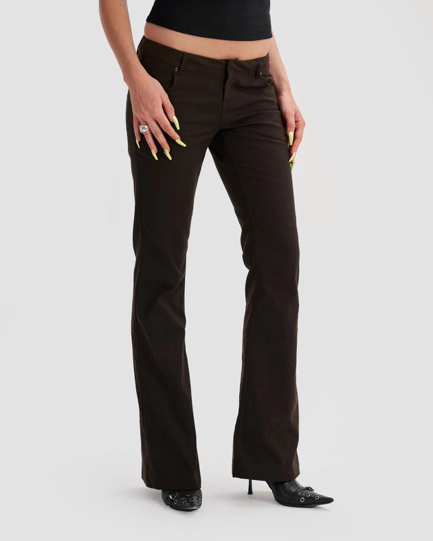 Low Waist Waxed Boot Cut Slim Trousers in Brown-Trousers-Heretic Nine-W26-Urbanheer