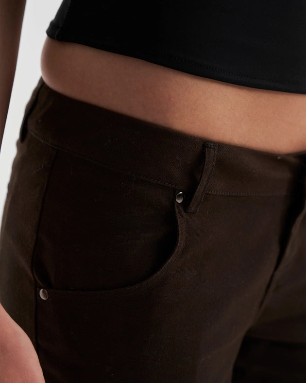 Low Waist Waxed Boot Cut Slim Trousers in Brown-Trousers-Heretic Nine-W26-Urbanheer