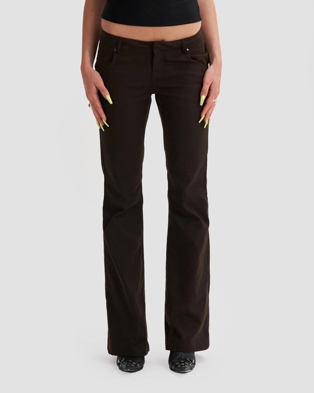 Low Waist Waxed Boot Cut Slim Trousers in Brown-Trousers-Heretic Nine-W26-Urbanheer