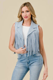 Lt Blue Collared Suede Fringe Vest-Vest-Saints & Hearts-S-Urbanheer