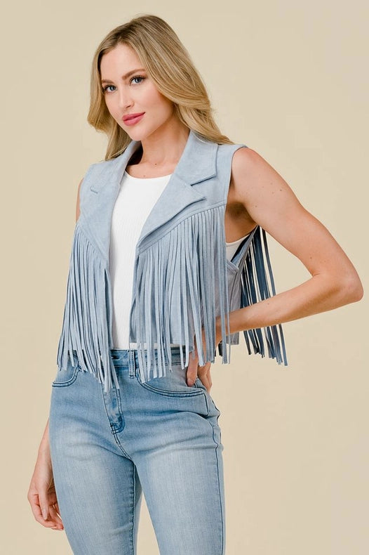 Lt Blue Collared Suede Fringe Vest-Vest-Saints & Hearts-S-Urbanheer