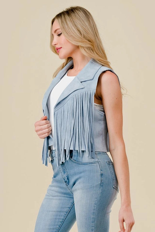 Lt Blue Collared Suede Fringe Vest-Vest-Saints & Hearts-S-Urbanheer