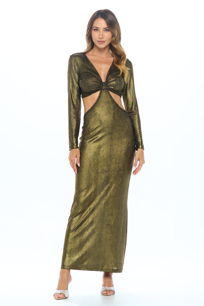 Lurex Metallic V neck Cutout Dress with Slit-Dresses-Reneecollection-Urbanheer