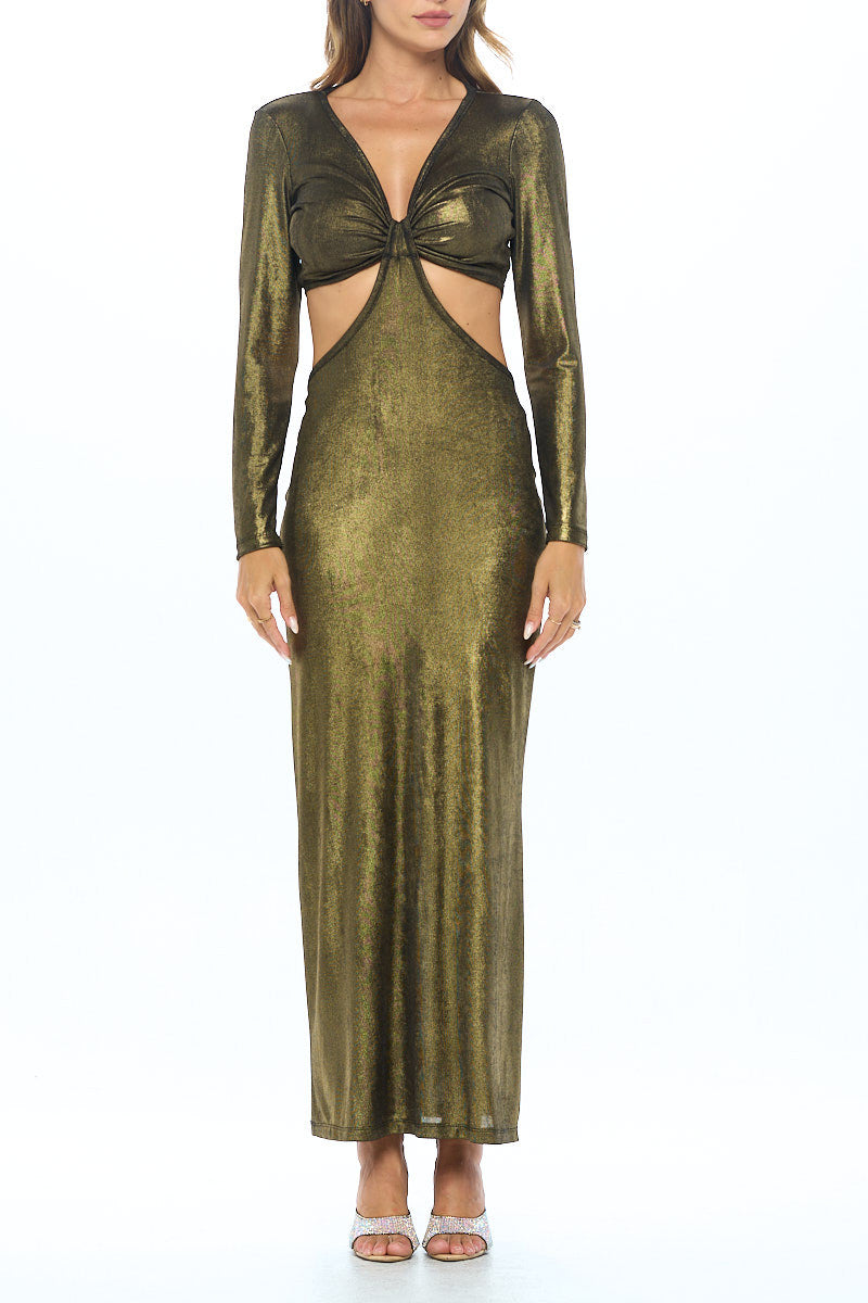 Lurex Metallic V neck Cutout Dress with Slit-Dresses-Reneecollection-Urbanheer