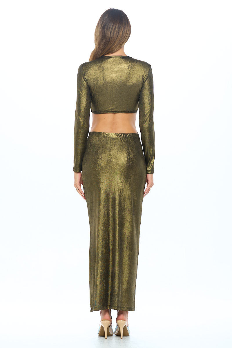 Lurex Metallic V neck Cutout Dress with Slit-Dresses-Reneecollection-Urbanheer