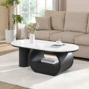 Luxury Modern Oval Coffee Table, 47.24'' Coffee Table with Storage Drawer, Faux Marble Top, Black Metal Center Table for Living Room