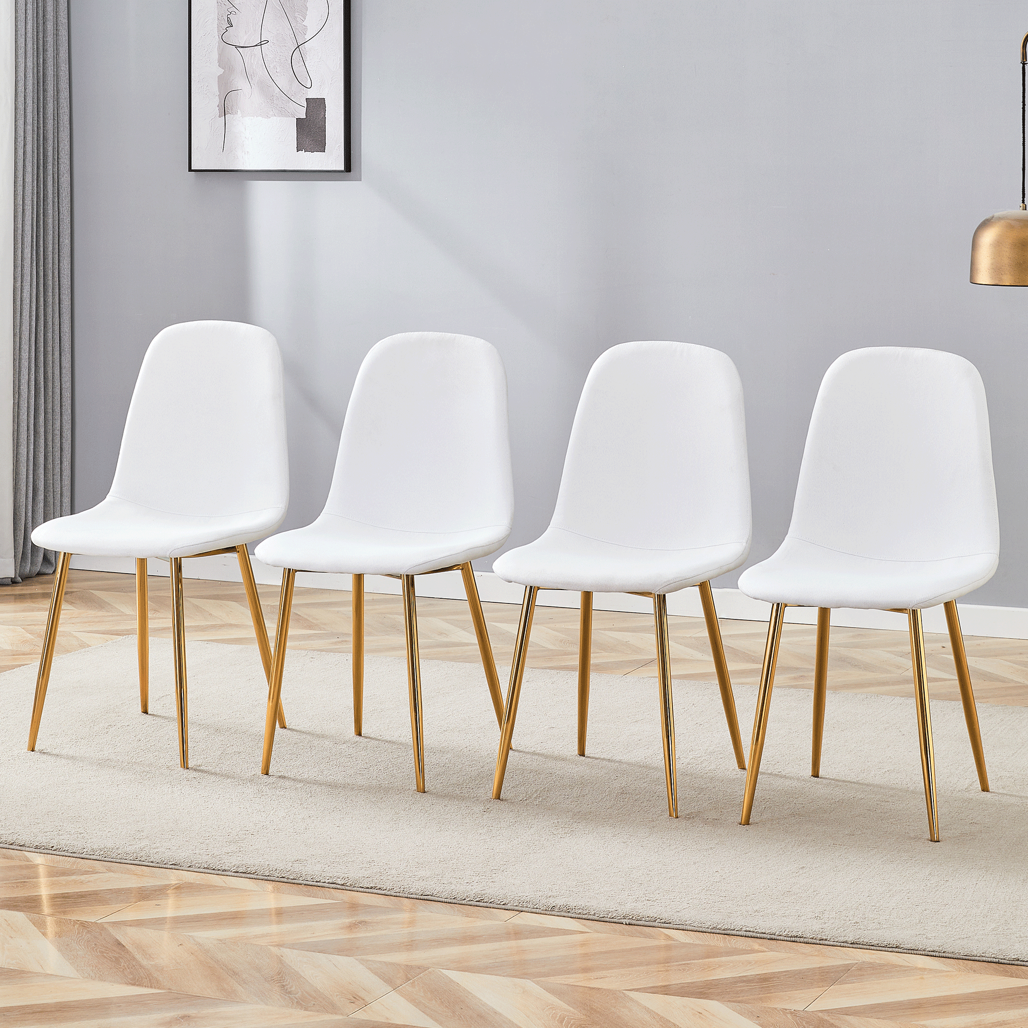 Luxury Simple Chair - Set of 4 White Linen Material High Resilience Dining Chair with Metal Golden Leg.Integral metal leg architecture,Suitable for various interior decoration styles.W1151P262610