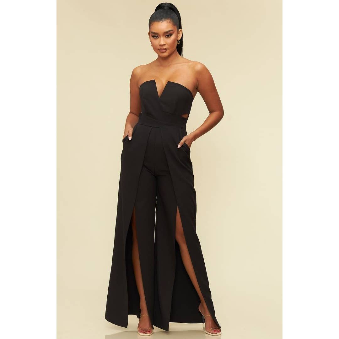 Luxxel - OPEN SLIT BUSTIER JUMPSUIT: BLACK / S-M-L(2-2-2)
