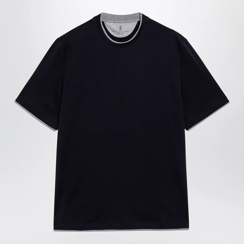 Brunello Cucinelli Crew-neck cotton jersey T-shirt with faux layering, cobalt