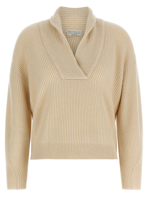 Brunello Cucinelli Shawl Neck Ribbed Sweater