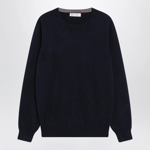 Brunello Cucinelli Navy blue cashmere crewneck sweater with contrast trim