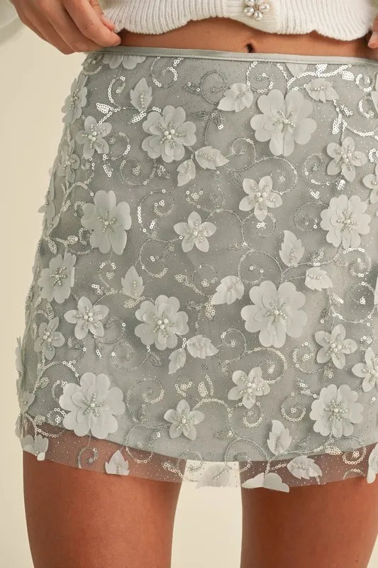 MABLE 3D Floral Embellished Applique Mini Skirt-MABLE-Dusty Seagreen-S-Urbanheer