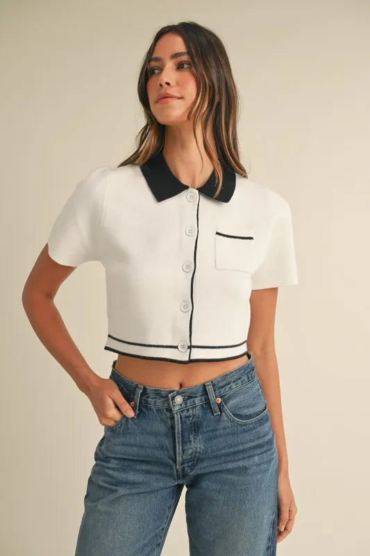 MABLE Button Down Contrast Collared Knit Cardigan-MABLE-Cream-S-Urbanheer