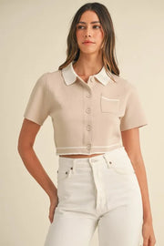 MABLE Button Down Contrast Collared Knit Cardigan-MABLE-Tan-S-Urbanheer