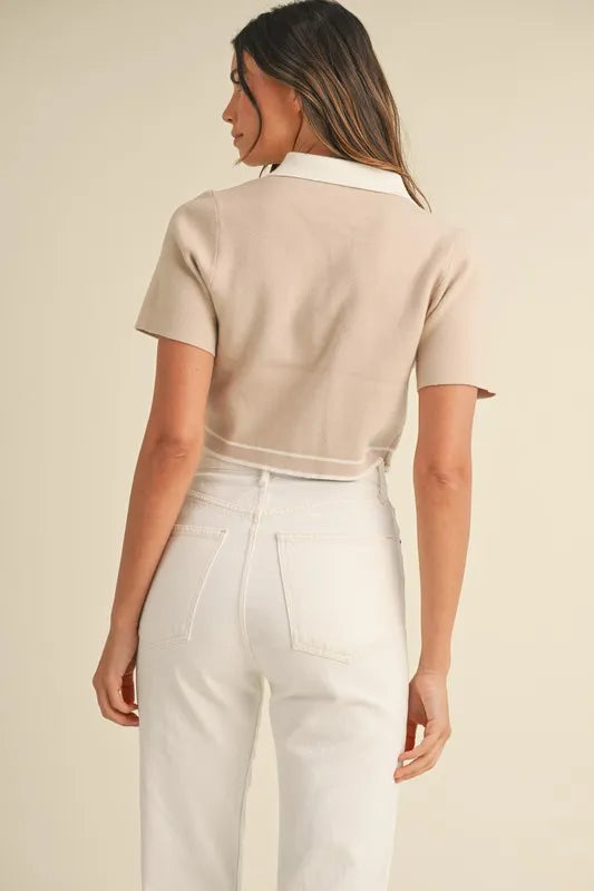 MABLE Button Down Contrast Collared Knit Cardigan-MABLE-Tan-S-Urbanheer