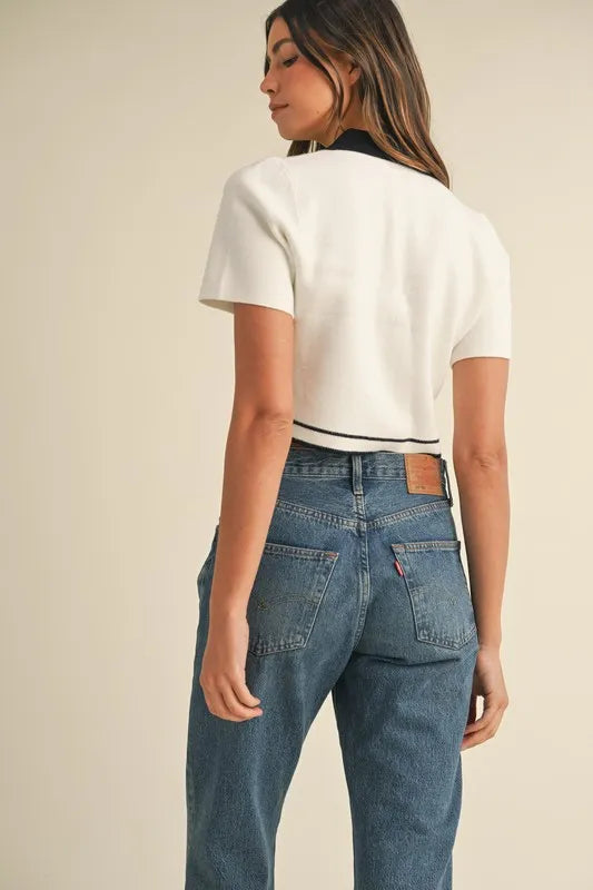 MABLE Button Down Contrast Collared Knit Cardigan-MABLE-Cream-S-Urbanheer