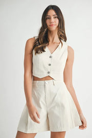 MABLE Button Down Vest Blazer and Shorts Set-MABLE-Ecru-S-Urbanheer