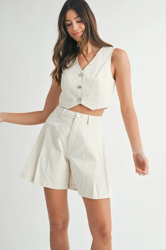 MABLE Button Down Vest Blazer and Shorts Set-MABLE-Ecru-S-Urbanheer